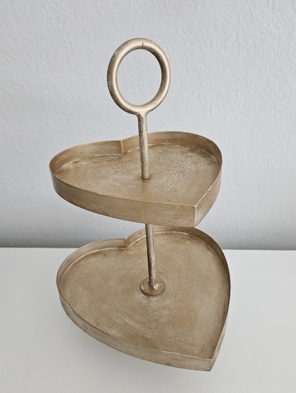 NEW Heart Two Tier Dessert Serving Tray Stand Brushed Gold Rustic Made In India